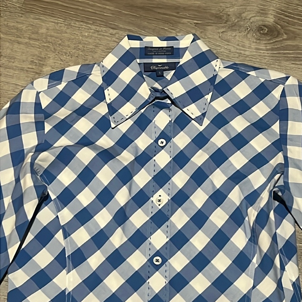Faconnable Blue White Gingham Fitted Button Down … - image 2